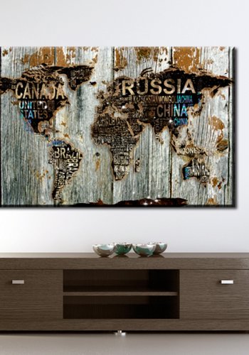 ARTGEIST Wooden Border - Rustikt og r� verdenskort p� tr� trykt p� l�rred - Flere st�rrelser