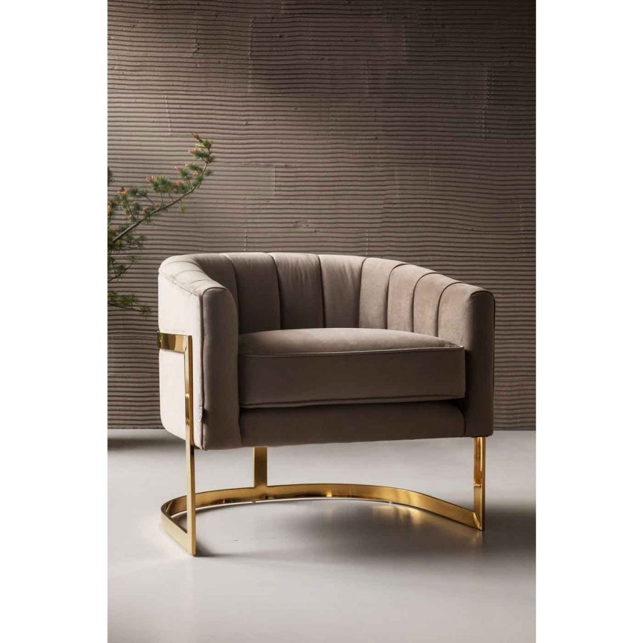 KARE DESIGN Pure Elegance Sessel - hellbrauner Stoff und goldener Stahl, mit Armlehnen
