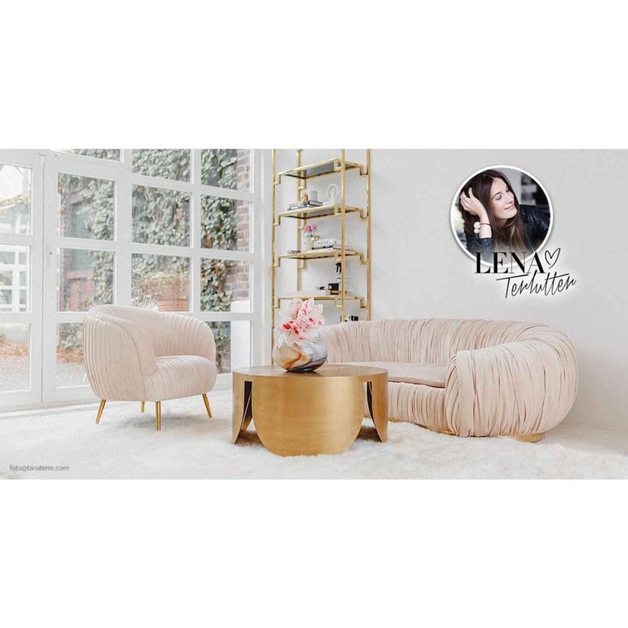 KARE DESIGN Perugia Sofa – cremefarbener Stoff mit Vorhängen und goldenem Stahl, 2 Pers.