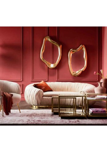 KARE DESIGN Perugia Sofa – cremefarbener Stoff mit Vorhängen und goldenem Stahl, 2 Pers.