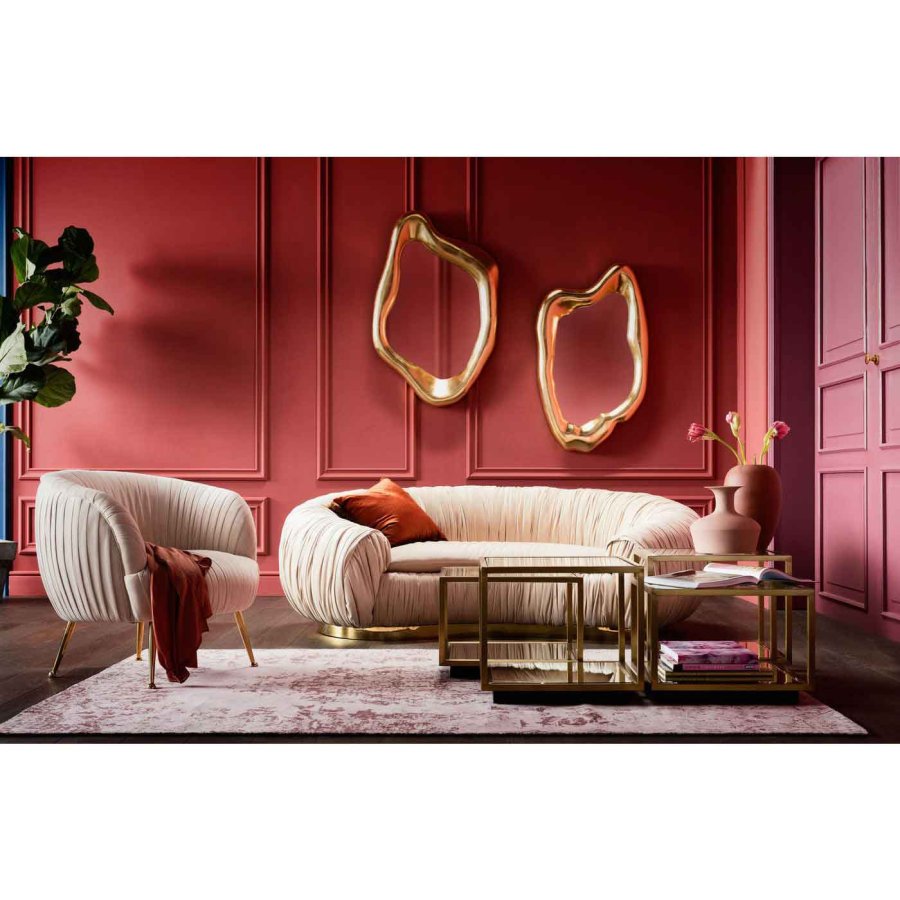 KARE DESIGN Perugia Sofa – cremefarbener Stoff mit Vorhängen und goldenem Stahl, 2 Pers.