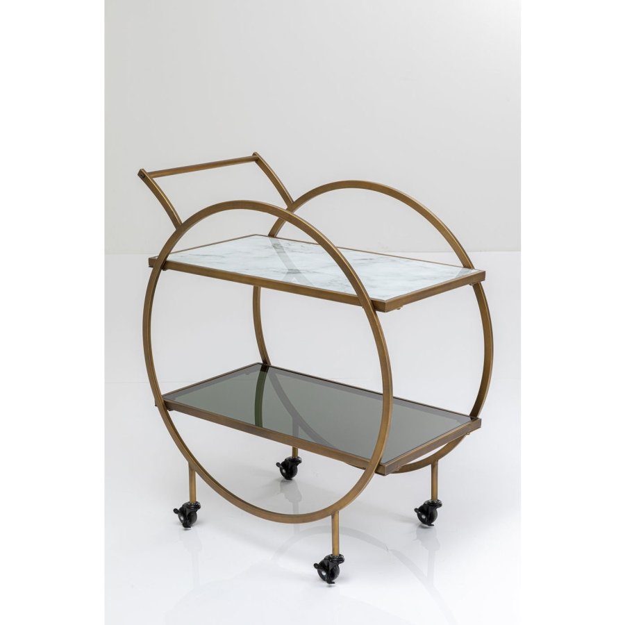 KARE DESIGN Loft rullebord - messing stl/lys gr laminat/farget glass, hndlaget, med hjul og hylle