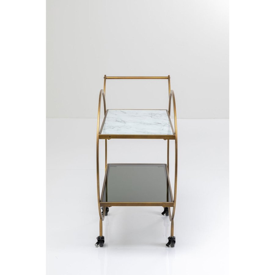 KARE DESIGN Loft rullebord - messing stl/lys gr laminat/farget glass, hndlaget, med hjul og hylle