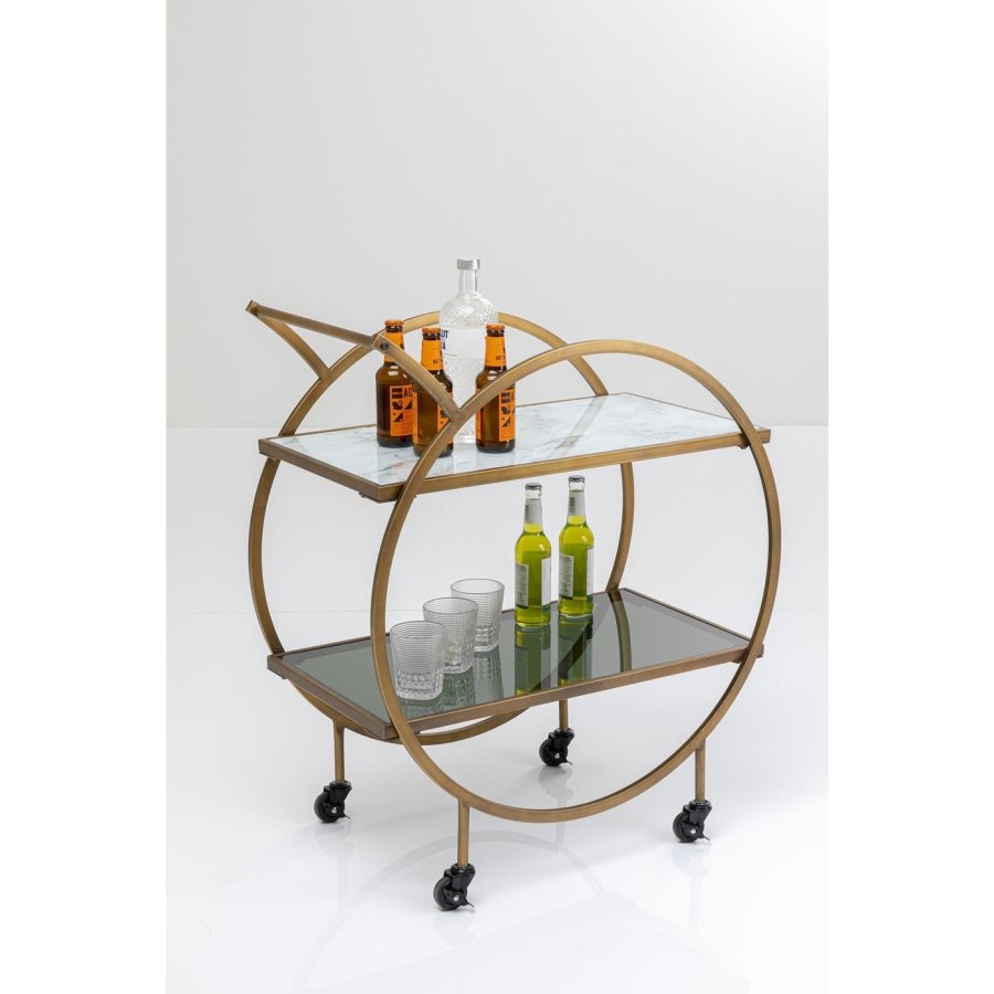 KARE DESIGN Loft rullebord - messing stl/lys gr laminat/farget glass, hndlaget, med hjul og hylle