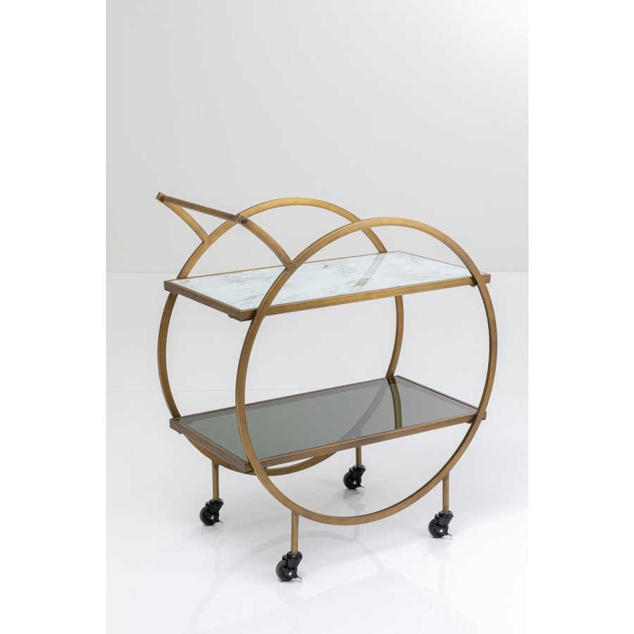 KARE DESIGN Loft rullebord - messing stl/lys gr laminat/farget glass, hndlaget, med hjul og hylle