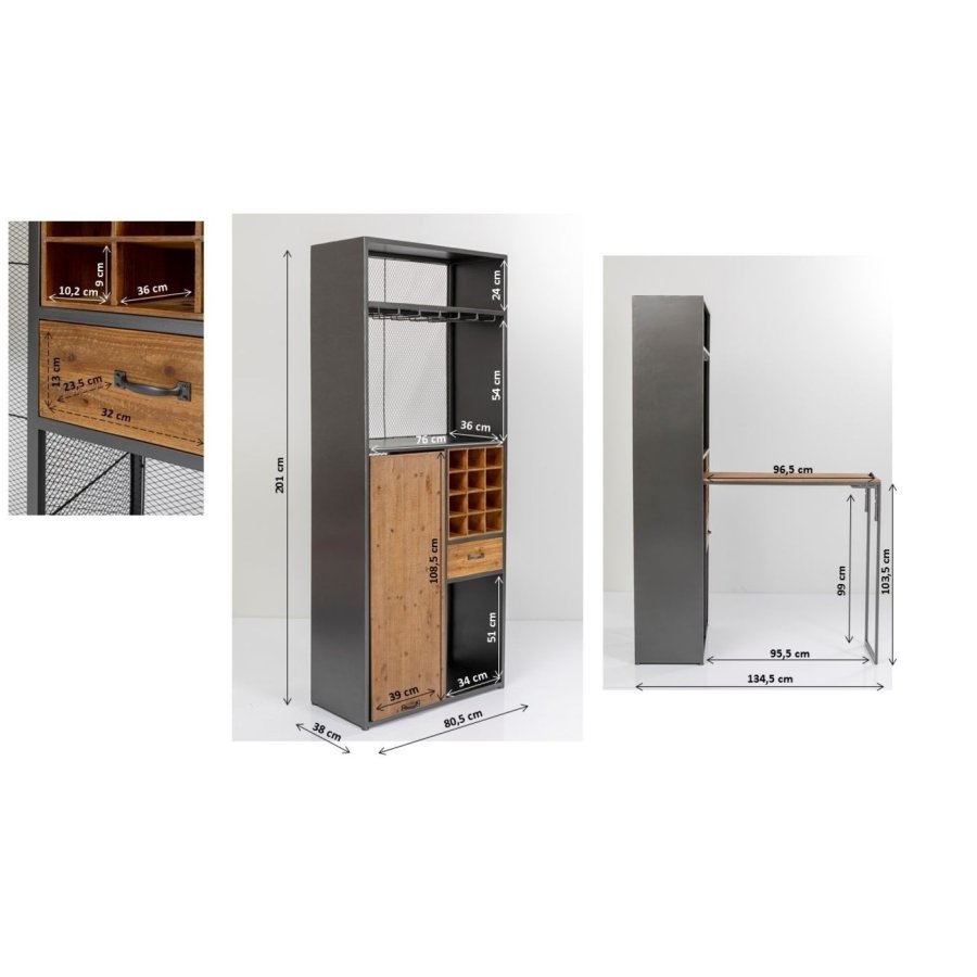 KARE DESIGN Vinoteca fat, med bord, 3 hyller, skuff, holder for glass mm. - stl og solid gran