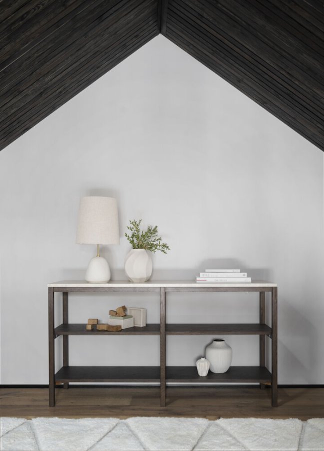 ROWICO Orwel konsolbord, m. 2 hylder - beige travertin og brun eg (140x40)