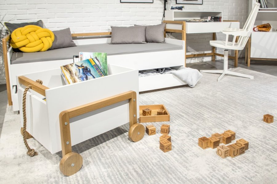 Victor oppbevaringsboks, med hjul - hvit laminat og naturlig eik