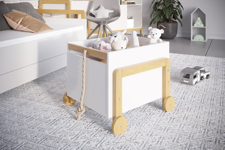 Victor oppbevaringsboks, med hjul - hvit laminat og naturlig eik