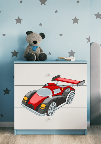 Babydreams barnekommode med racerbil, m. 3 skuffer - hvit og bl laminat