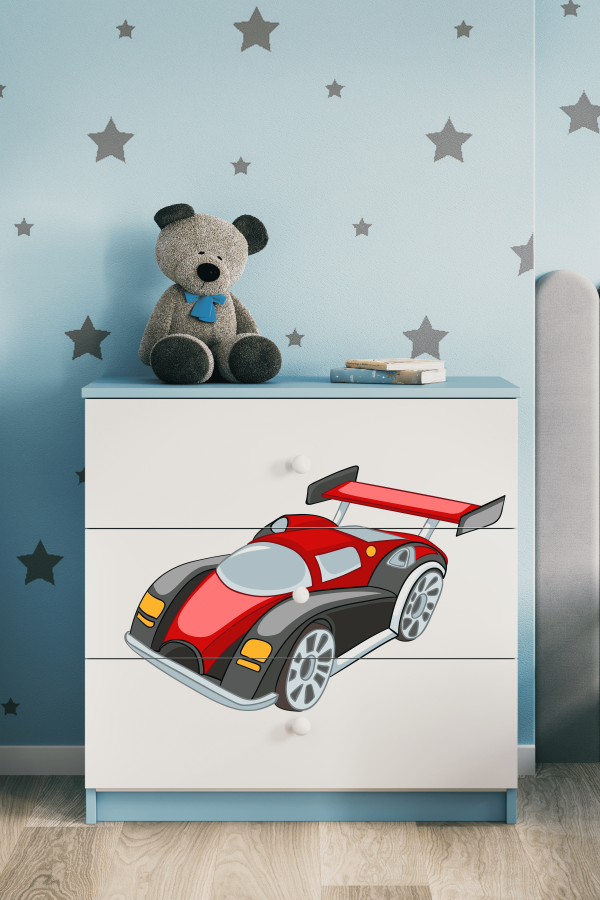 Babydreams barnekommode med racerbil, m. 3 skuffer - hvit og bl laminat