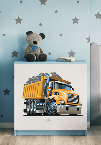 Babydreams barnekommode med lastebil, m. 3 skuffer - hvit og bl laminat