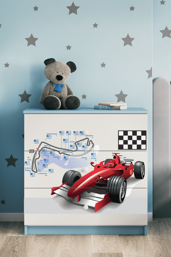 Babydreams barnekommode med racerbil, m. 3 skuffer - hvit og bl laminat