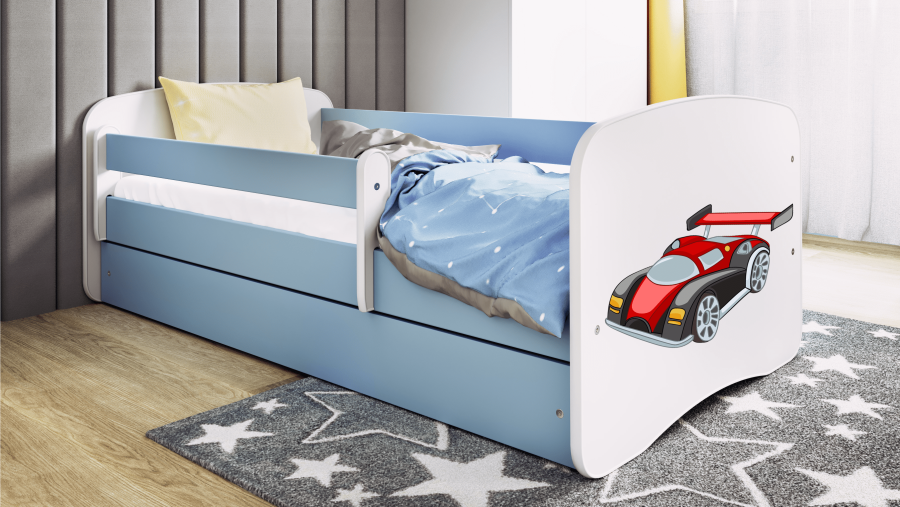 Babydreams juniorsng med racerbil, med madrass, stdbrda, lda - vit och bl laminat (140x70)