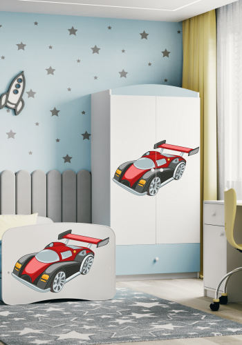 Babydreams juniorsng med racerbil, med madrass, stdbrda, lda - vit och bl laminat (140x70)