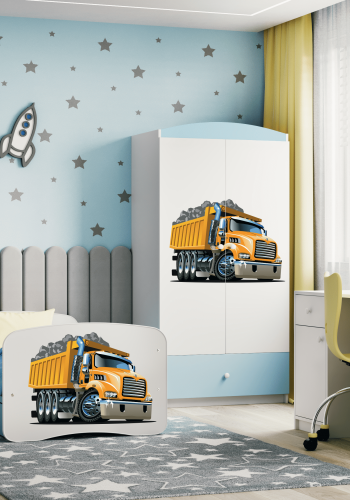 Babydreams juniorsng med lastbil, med madrass, stdbrda, lda - vit och bl laminat (160x80)