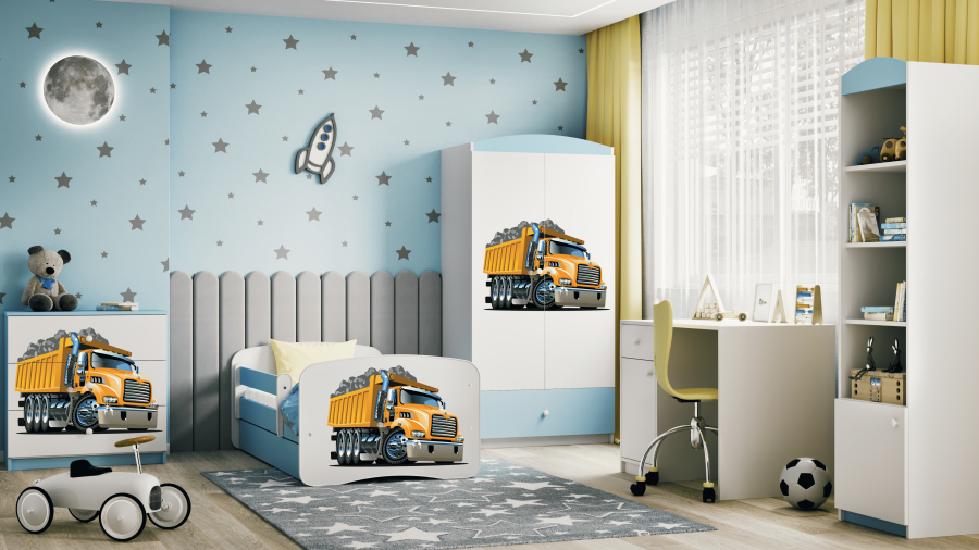 Babydreams juniorsng med lastbil, med madrass, stdbrda, lda - vit och bl laminat (180x80)