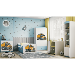 Babydreams juniorseng med lastbil, m. madras, sengehest, skuffe - hvid og bl laminat (140x70)