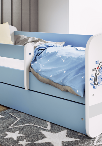 Babydreams juniorsng med racerbil, med madrass, stdbrda, lda - vit och bl laminat (160x80)