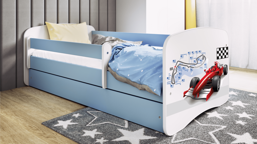 Babydreams juniorsng med racerbil, med madrass, stdbrda, lda - vit och bl laminat (160x80)