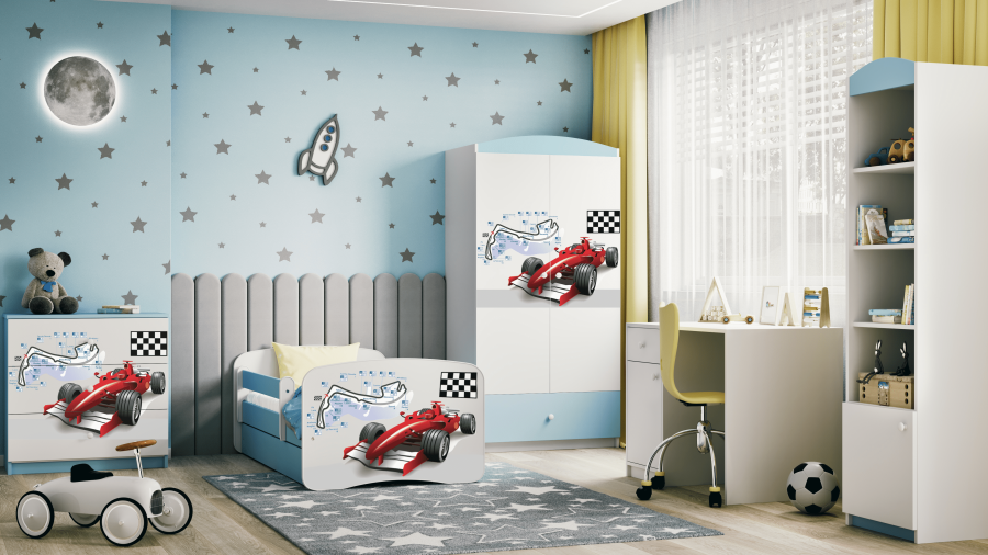 Babydreams juniorsng med racerbil, med madrass, stdbrda, lda - vit och bl laminat (160x80)