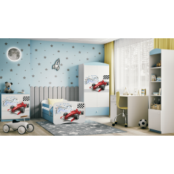 Babydreams juniorseng med racerbil, m. madras, sengehest, skuffe - hvid og bl laminat (180x80)