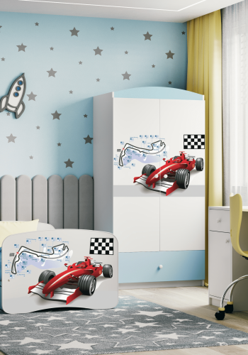 Babydreams juniorsng med racerbil, med madrass, stdbrda, lda - vit och bl laminat (180x80)