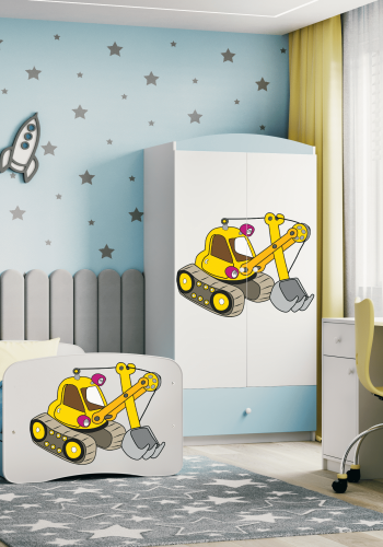 Babydreams juniorseng med gravemaskine, m. madras, sengehest, skuffe - hvid og bl laminat (180x80)