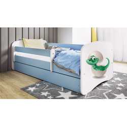 Babydreams juniorseng med lille dino, m. madras, sengehest, skuffe - hvid og bl laminat (160x80)