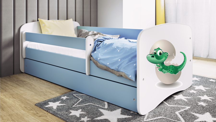 Babydreams juniorsng med liten dinosaurie, med madrass, stdbrda, lda - vit och bl laminat (160x80)