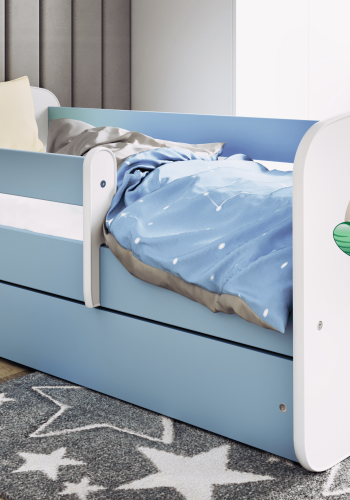 Babydreams juniorsng med liten dinosaurie, med madrass, stdbrda, lda - vit och bl laminat (180x80)