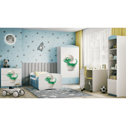 Babydreams juniorseng med lille dino, m. madras, sengehest, skuffe - hvid og bl laminat (160x80)