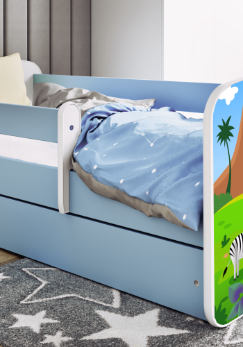 Babydreams juniorsng med safaridjur, med madrass, stdbrda, lda - vit och bl laminat (160x80)