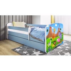 Babydreams juniorseng med safari dyr, m. madras, sengehest, skuffe - hvid og bl laminat (180x80)