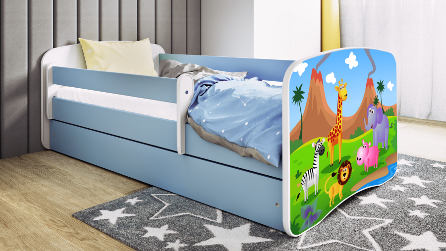 Babydreams juniorsng med safaridjur, med madrass, stdbrda, lda - vit och bl laminat (140x70)