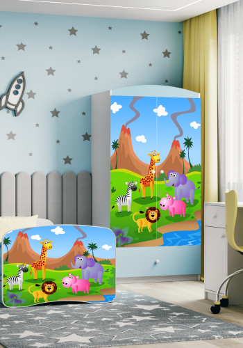 Babydreams juniorsng med safaridjur, med madrass, stdbrda, lda - vit och bl laminat (160x80)