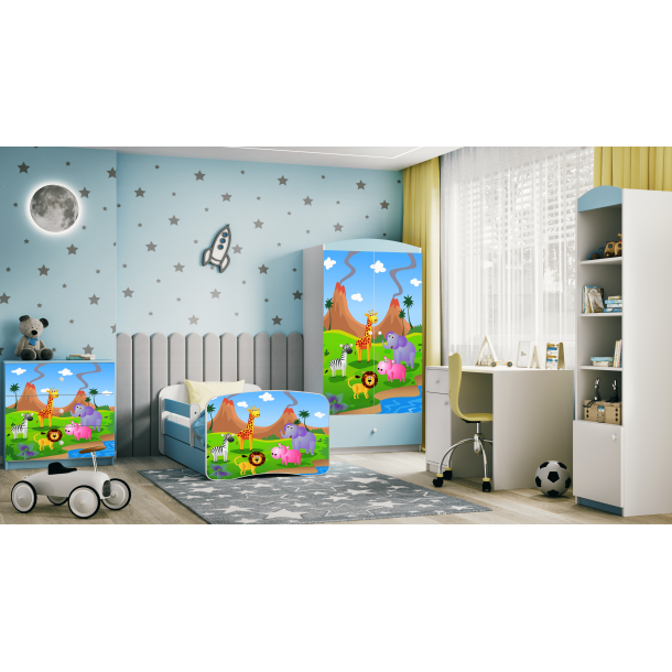 Babydreams juniorseng med safari dyr, m. madras, sengehest, skuffe - hvid og bl laminat (180x80)