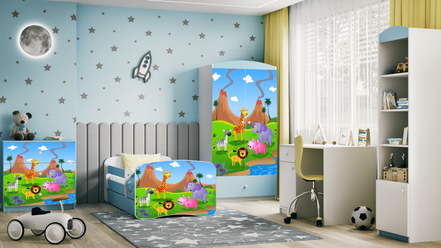 Babydreams juniorsng med safaridjur, med madrass, stdbrda, lda - vit och bl laminat (180x80)