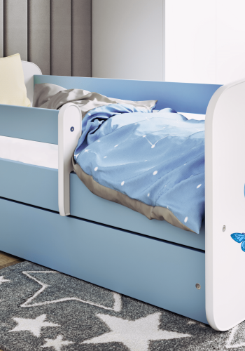 Babydreams juniorseng med elefant, m. madras, sengehest, skuffe - hvid og bl laminat (160x80)