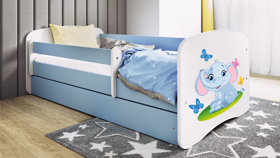 Babydreams juniorseng med elefant, m. madras, sengehest, skuffe - hvid og bl laminat (140x70)