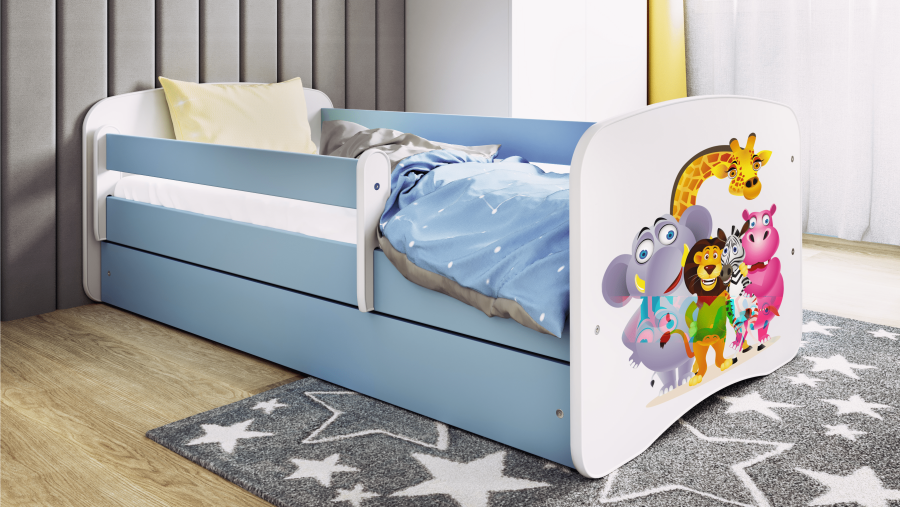 Babydreams juniorsng med zoodjur, med madrass, stdbrda, lda - vit och bl laminat (160x80)