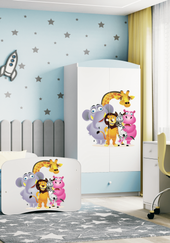 Babydreams juniorsng med zoodjur, med madrass, stdbrda, lda - vit och bl laminat (160x80)