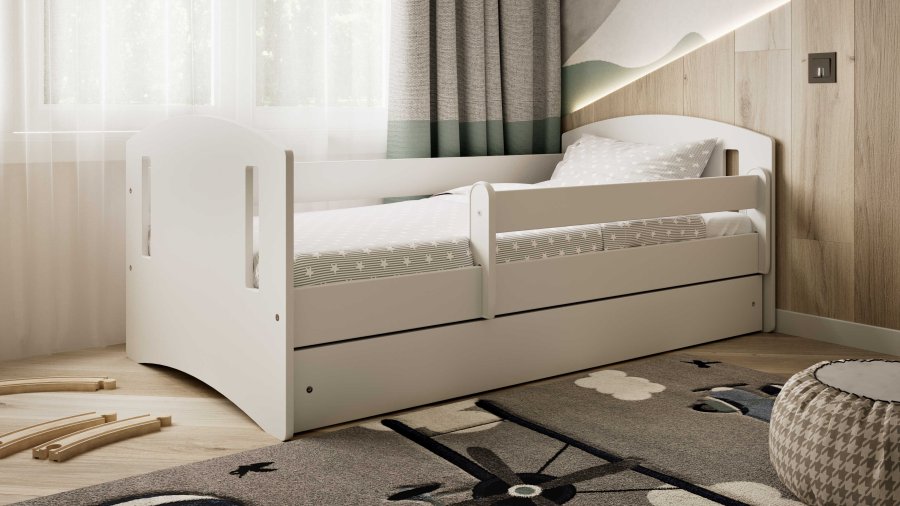 Classic 2 Juniorbett, mit Matratze, Bettgitter, Schublade - weißes Laminat und MDF (140x80)