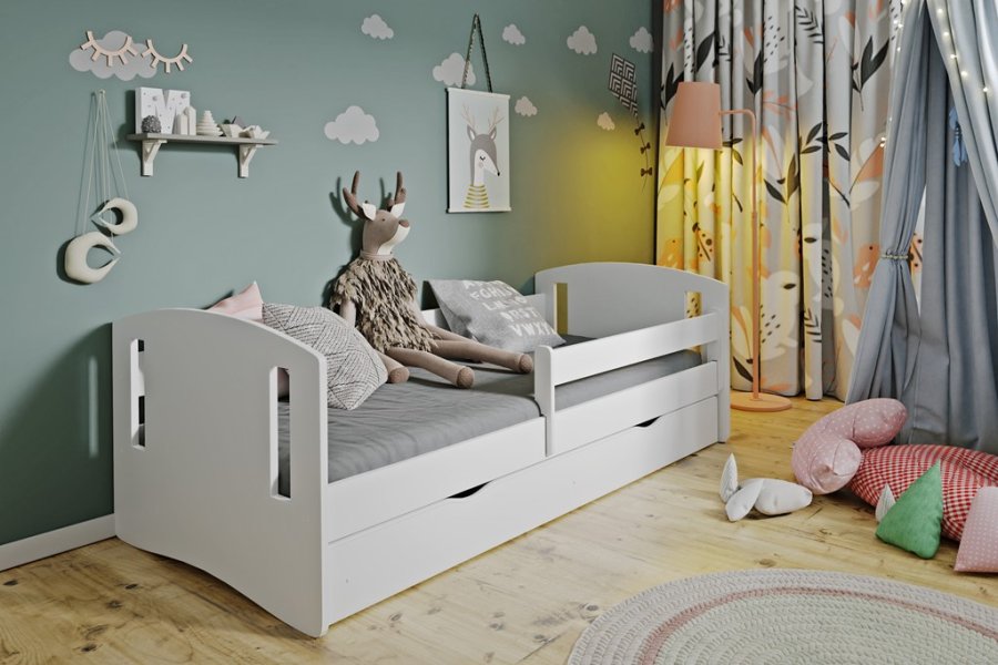 Classic 2 Juniorbett, mit Matratze, Bettgitter, Schublade - weißes Laminat und MDF (160x80)