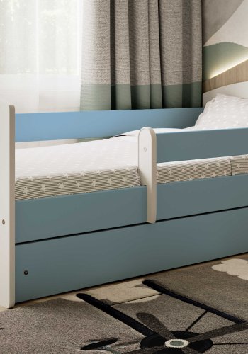 Classic 2 Juniorbett, mit Matratze, Bettgitter, Schublade - weiß-blaues Laminat und MDF (180x80)
