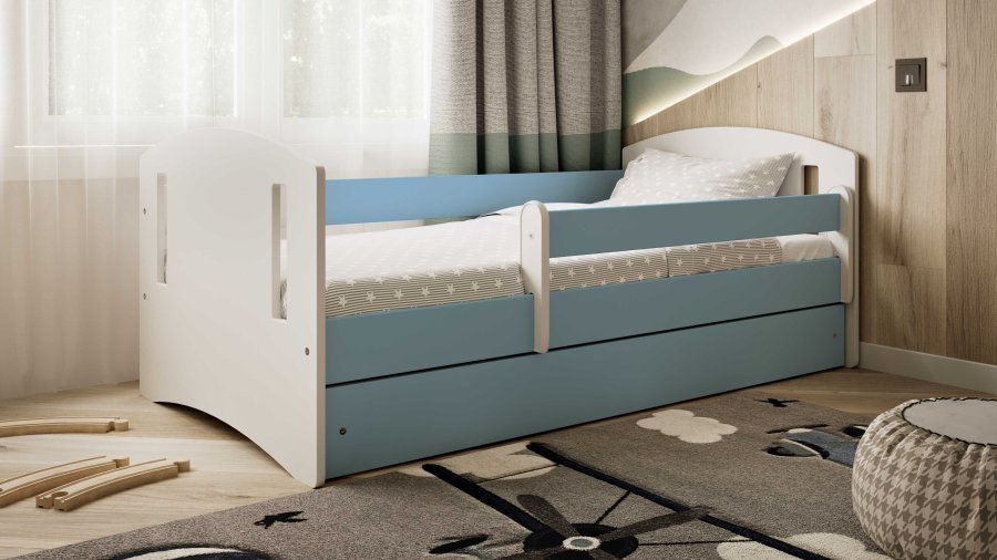 Classic 2 Juniorbett, m. Matratze, Bettgitter, Schublade - weiß-blaues Laminat und MDF (140x80)