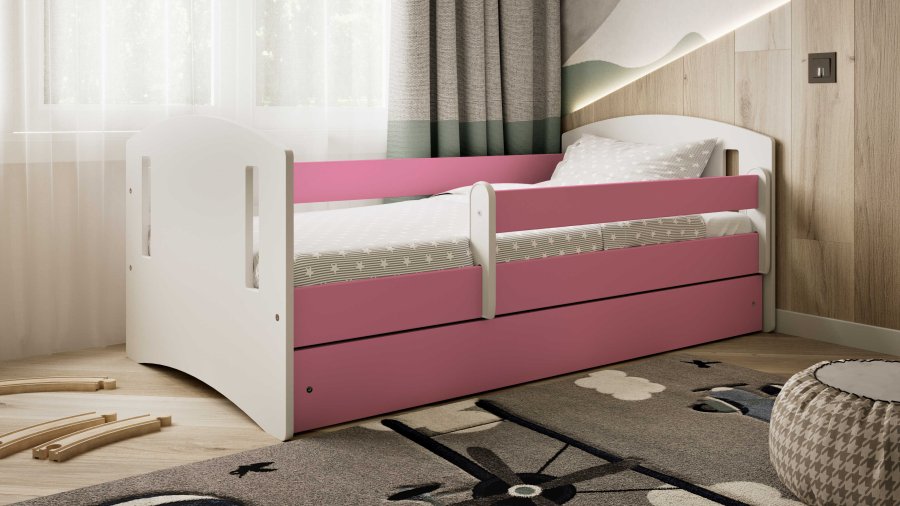 Classic 2 Juniorbett, mit Matratze, Bettgitter, Schublade - weiß-rosa Laminat und MDF (160x80)
