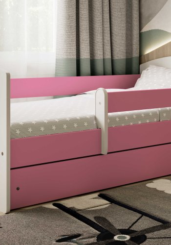 Classic 2 Juniorbett, m. Matratze, Bettgitter, Schublade - weiß-rosa Laminat und MDF (180x80)