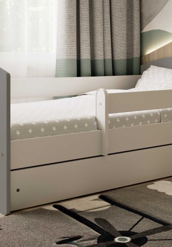 Classic 2 Juniorbett, mit Matratze, Bettgitter, Schublade - weiß-graues Laminat und MDF (180x80)