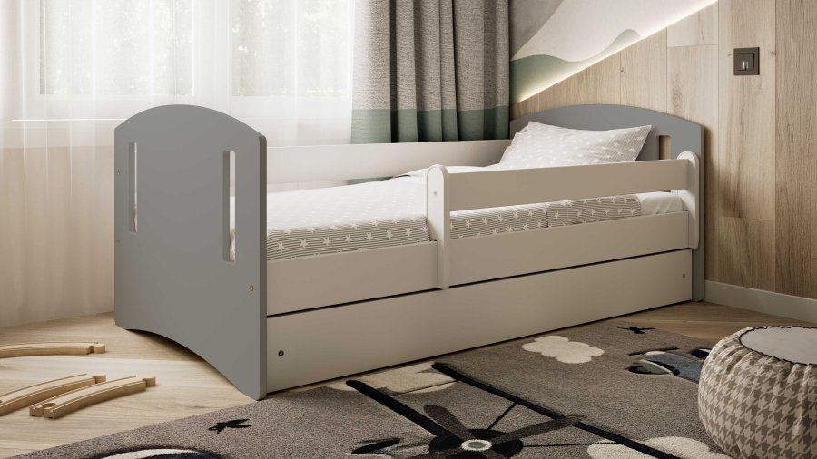 Classic 2 Juniorbett, mit Matratze, Bettgitter, Schublade - weiß-graues Laminat und MDF (180x80)